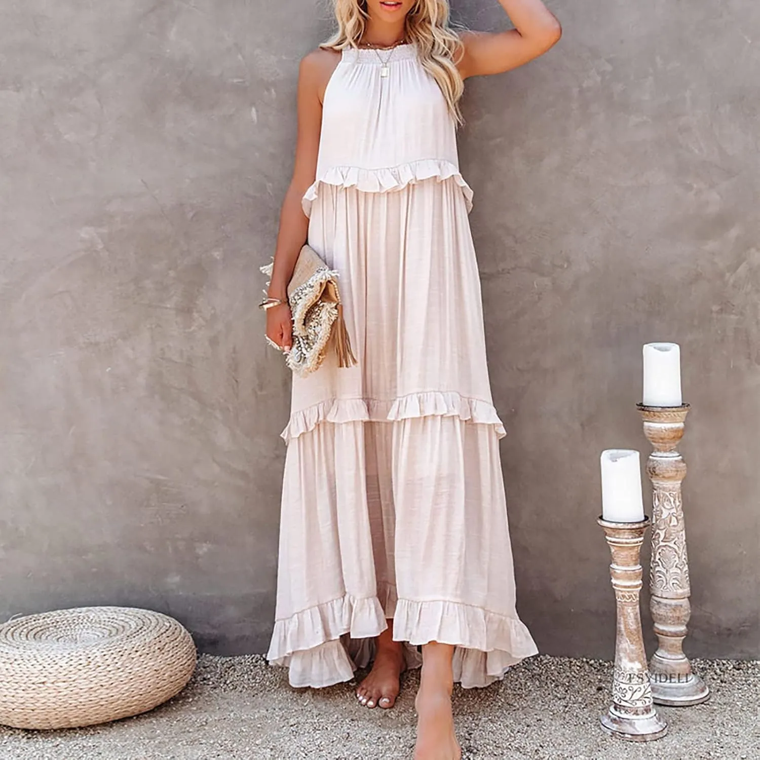 Women's Maxi Dress 2025 Spring Casual Loose Swing Boho Smocked Ruffle Sundress Halter Sleeveless Tiered Beach Dress