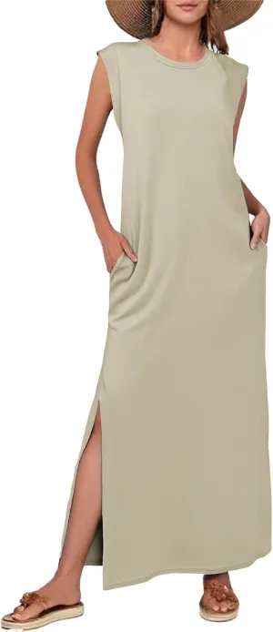 Womens Maxi Dress Summer Casual Sleeveless Sundress Crew Neck Long Dresses Split Wrinkle-Free Dresses with Pockets