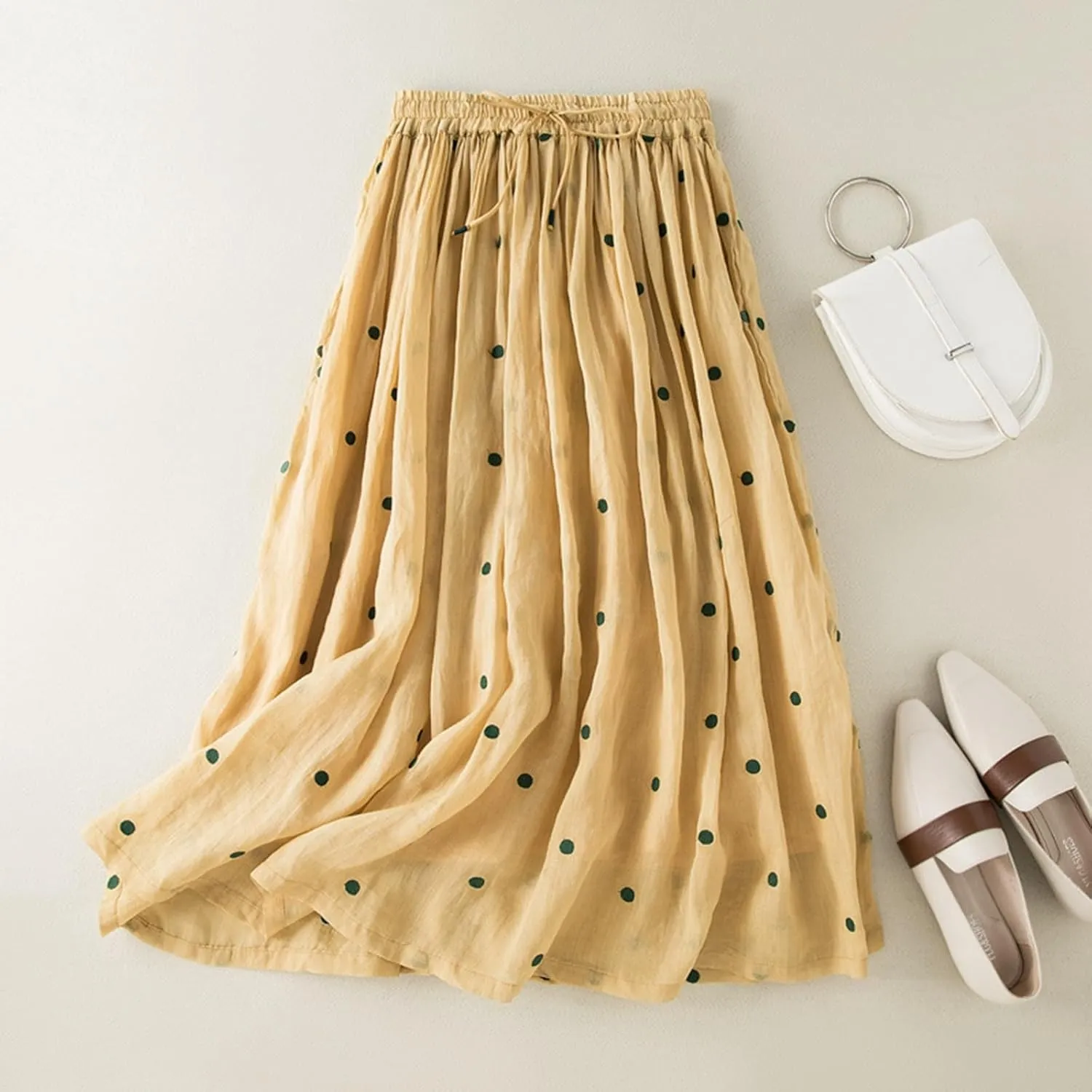 Womens Maxi Skirt for Vacation Color Block Retro A-Line Pleated Drawstring Elastic High Waist Casual Summer Skirts