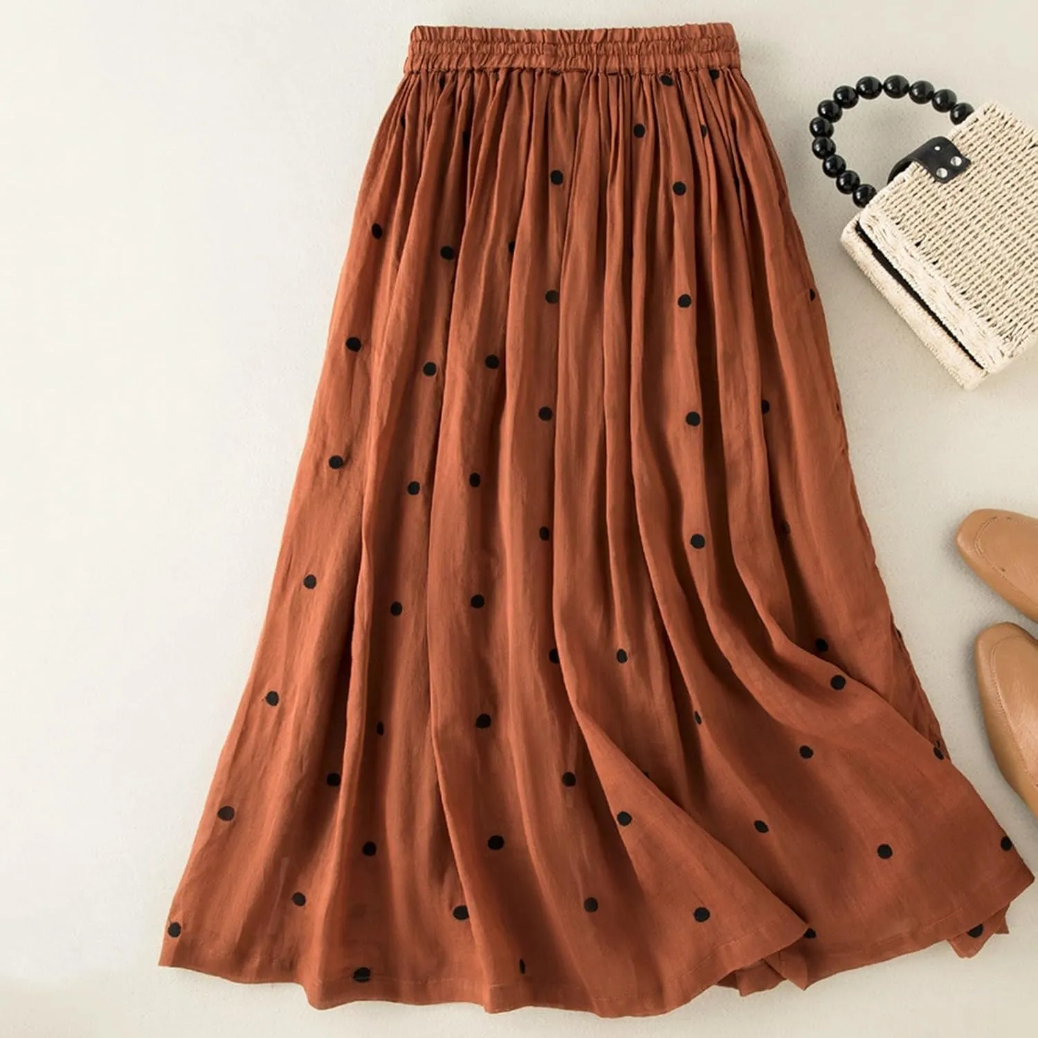 Womens Maxi Skirt for Vacation Color Block Retro A-Line Pleated Drawstring Elastic High Waist Casual Summer Skirts