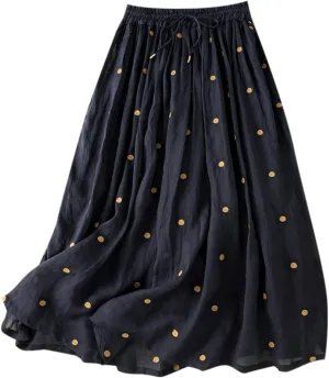 Womens Maxi Skirt for Vacation Color Block Retro A-Line Pleated Drawstring Elastic High Waist Casual Summer Skirts