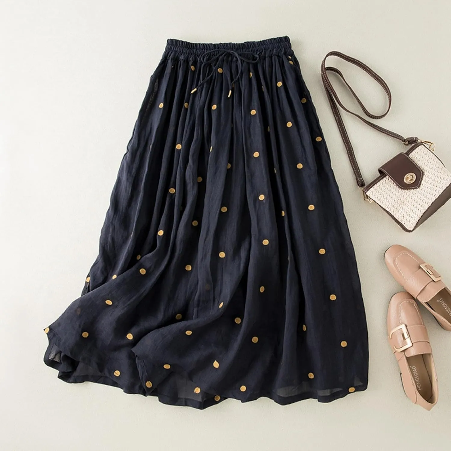 Womens Maxi Skirt for Vacation Color Block Retro A-Line Pleated Drawstring Elastic High Waist Casual Summer Skirts