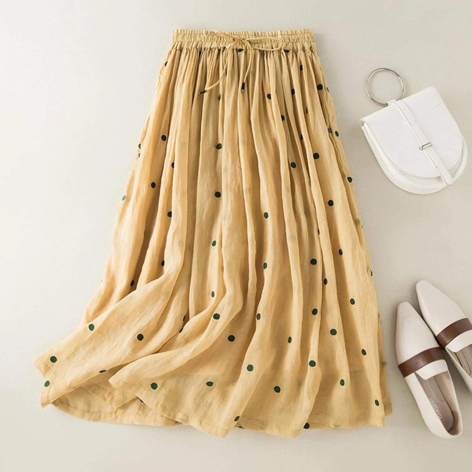 Womens Maxi Skirt for Vacation Color Block Retro A-Line Pleated Drawstring Elastic High Waist Casual Summer Skirts