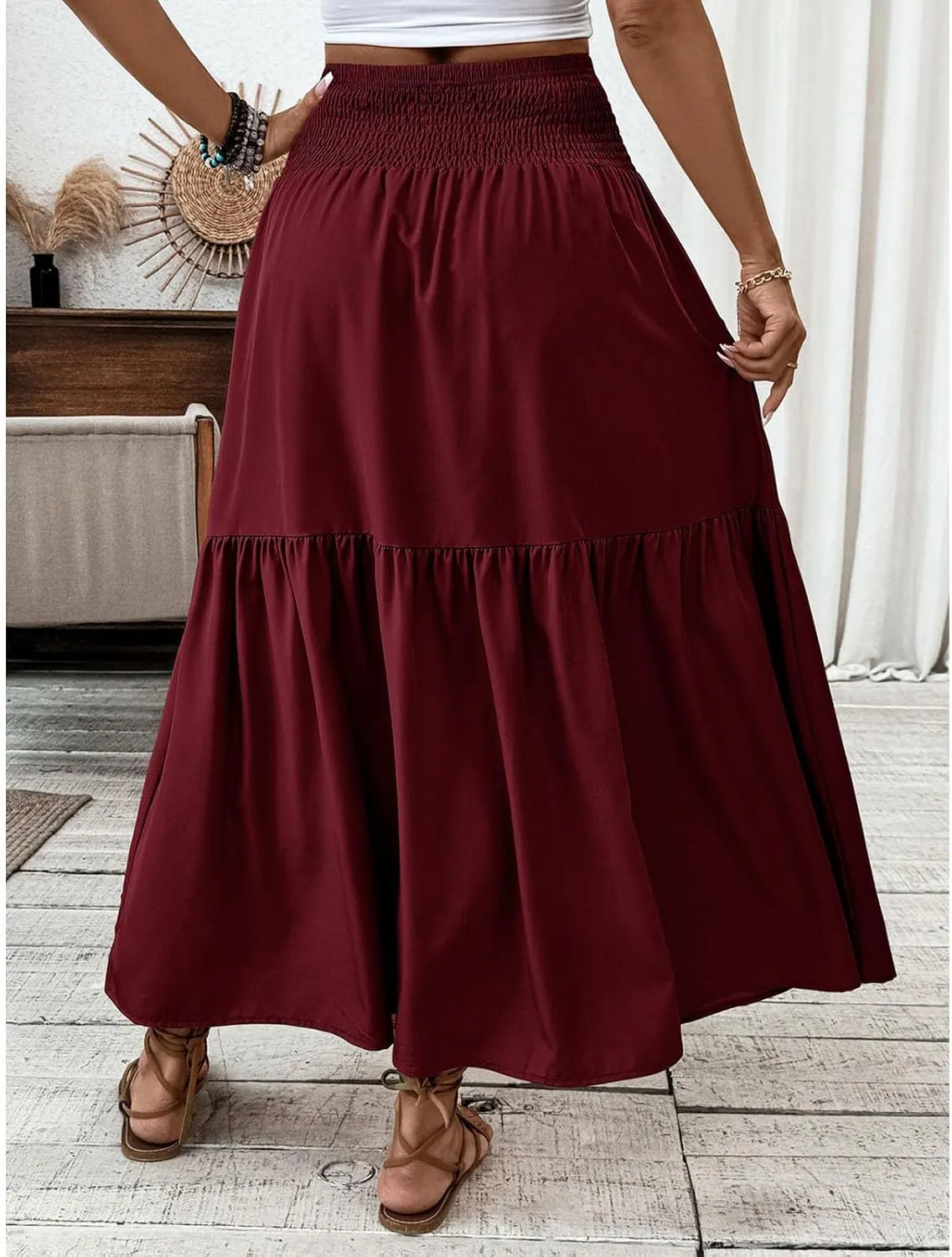 Women's Maxi Skirts Bohemia Tiered A-Line Skirt Pleated Elastic Waist Ankle Length Flowy Skirts Beach Vacation Clothes