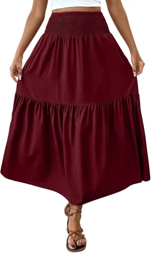 Women's Maxi Skirts Bohemia Tiered A-Line Skirt Pleated Elastic Waist Ankle Length Flowy Skirts Beach Vacation Clothes
