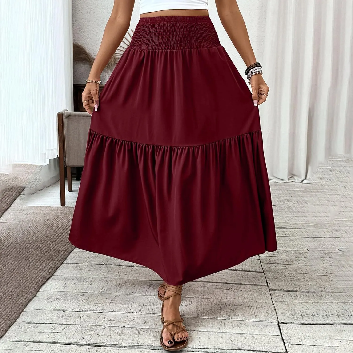 Women's Maxi Skirts Bohemia Tiered A-Line Skirt Pleated Elastic Waist Ankle Length Flowy Skirts Beach Vacation Clothes