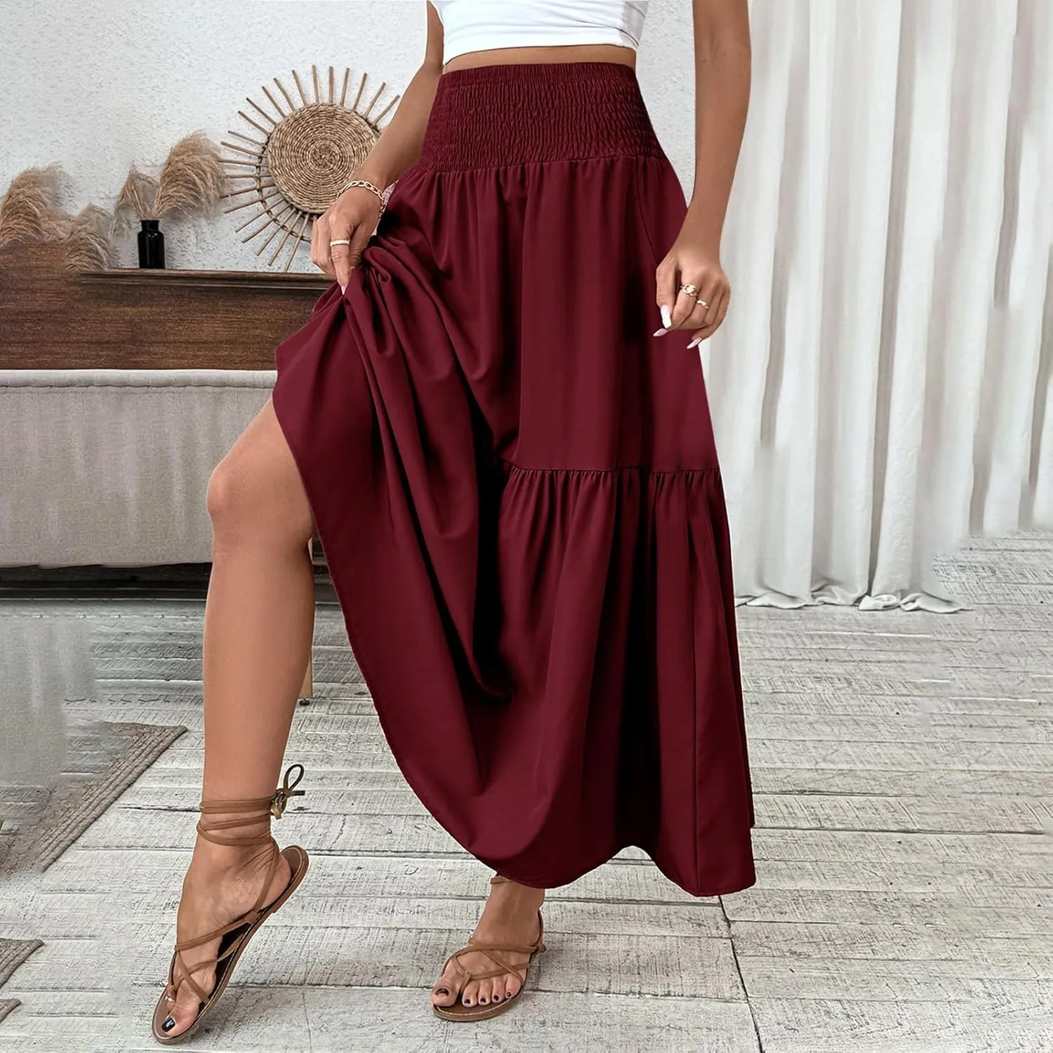 Women's Maxi Skirts Bohemia Tiered A-Line Skirt Pleated Elastic Waist Ankle Length Flowy Skirts Beach Vacation Clothes
