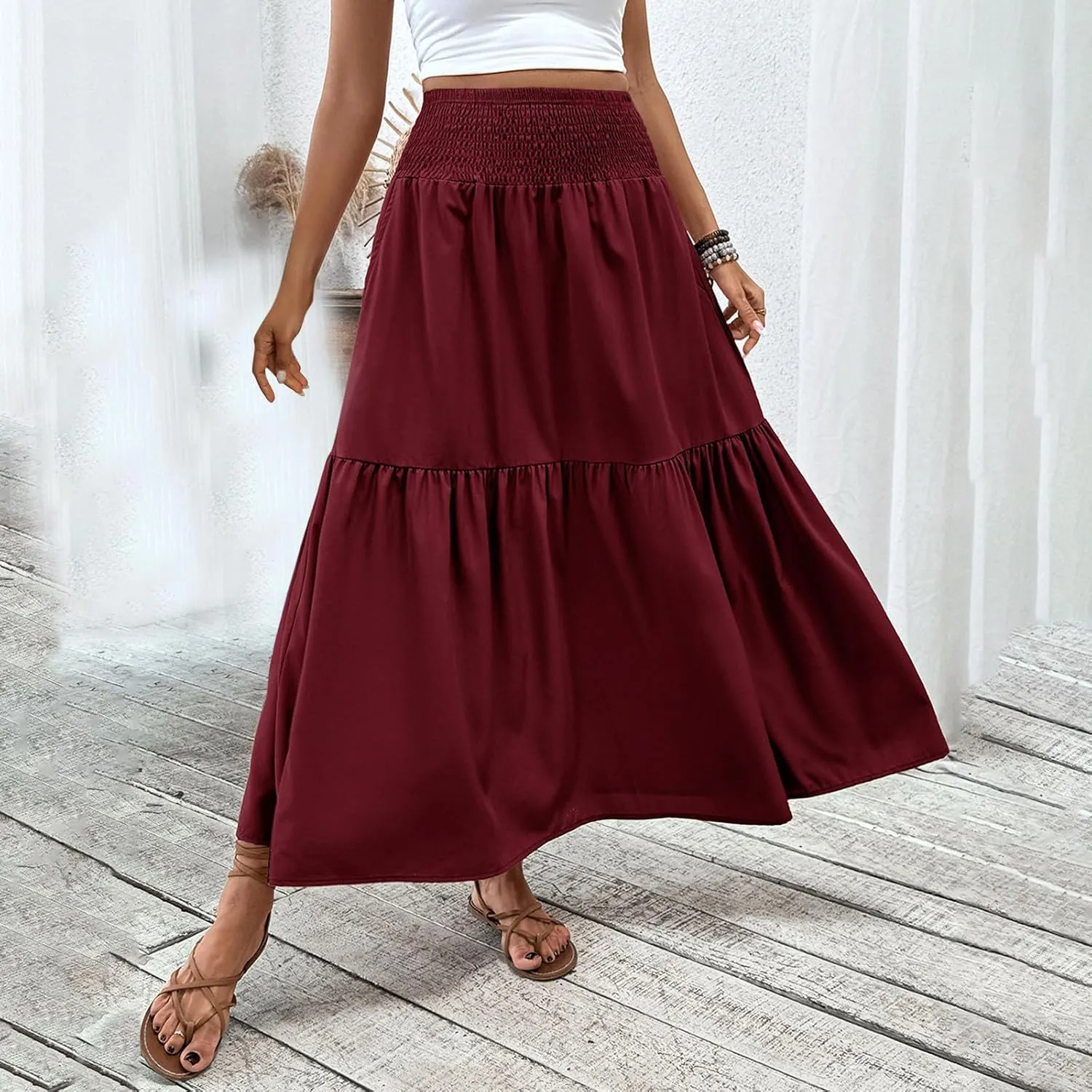 Women's Maxi Skirts Bohemia Tiered A-Line Skirt Pleated Elastic Waist Ankle Length Flowy Skirts Beach Vacation Clothes