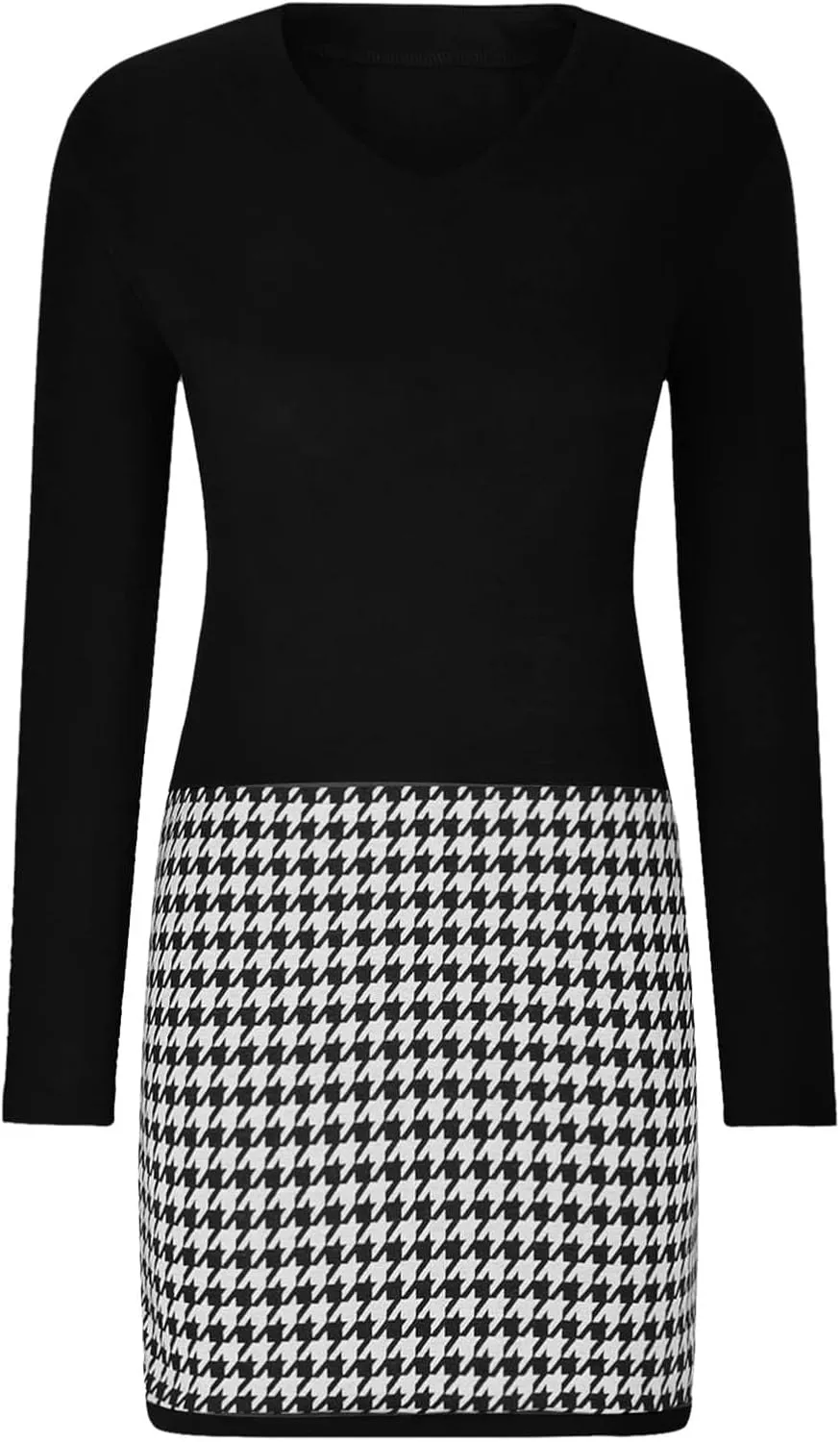Womens Midi Patchwork Dress Long Sleeve V Neck Plaid Skirt Semi Formal Fit Business Casual Outfits Work Dress Clothes