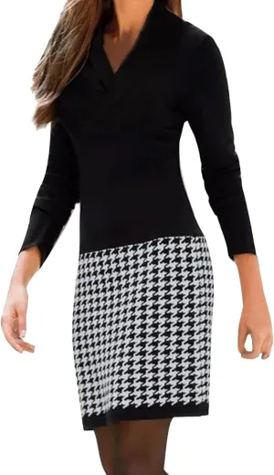 Womens Midi Patchwork Dress Long Sleeve V Neck Plaid Skirt Semi Formal Fit Business Casual Outfits Work Dress Clothes