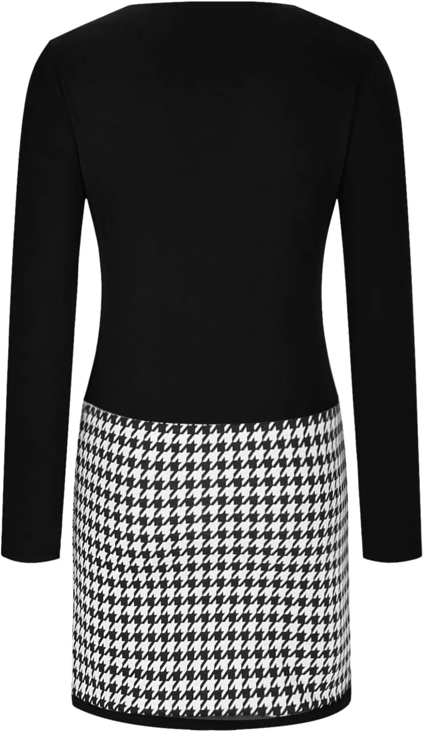 Womens Midi Patchwork Dress Long Sleeve V Neck Plaid Skirt Semi Formal Fit Business Casual Outfits Work Dress Clothes