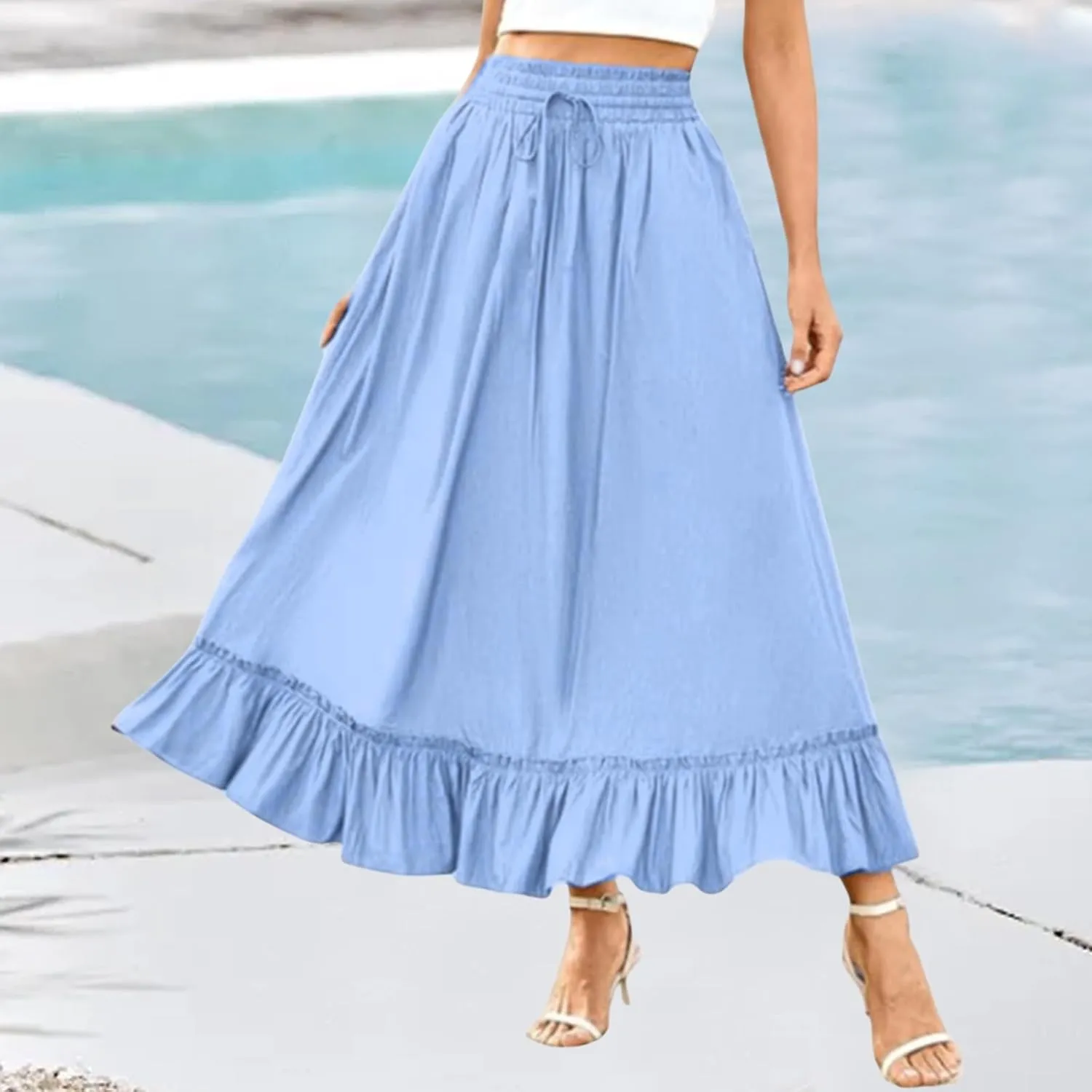 Womens Midi Skirts High Waist Tiered Skirt Summer Boho Flowy Swing Tiered A-Line Maxi Skirt Long Beach Dress