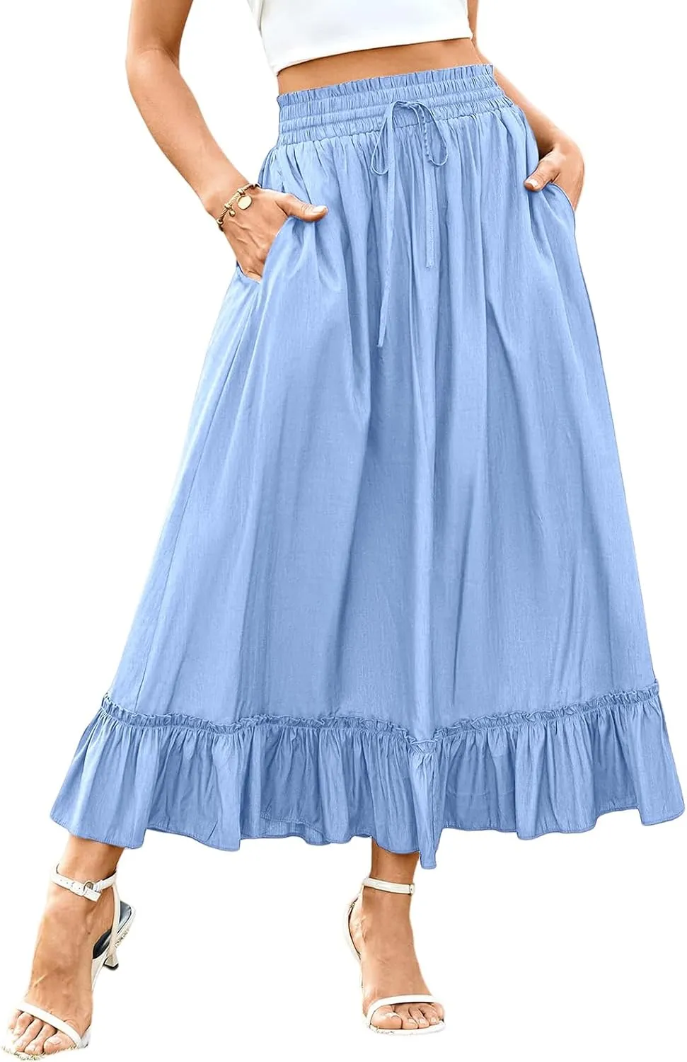 Womens Midi Skirts High Waist Tiered Skirt Summer Boho Flowy Swing Tiered A-Line Maxi Skirt Long Beach Dress