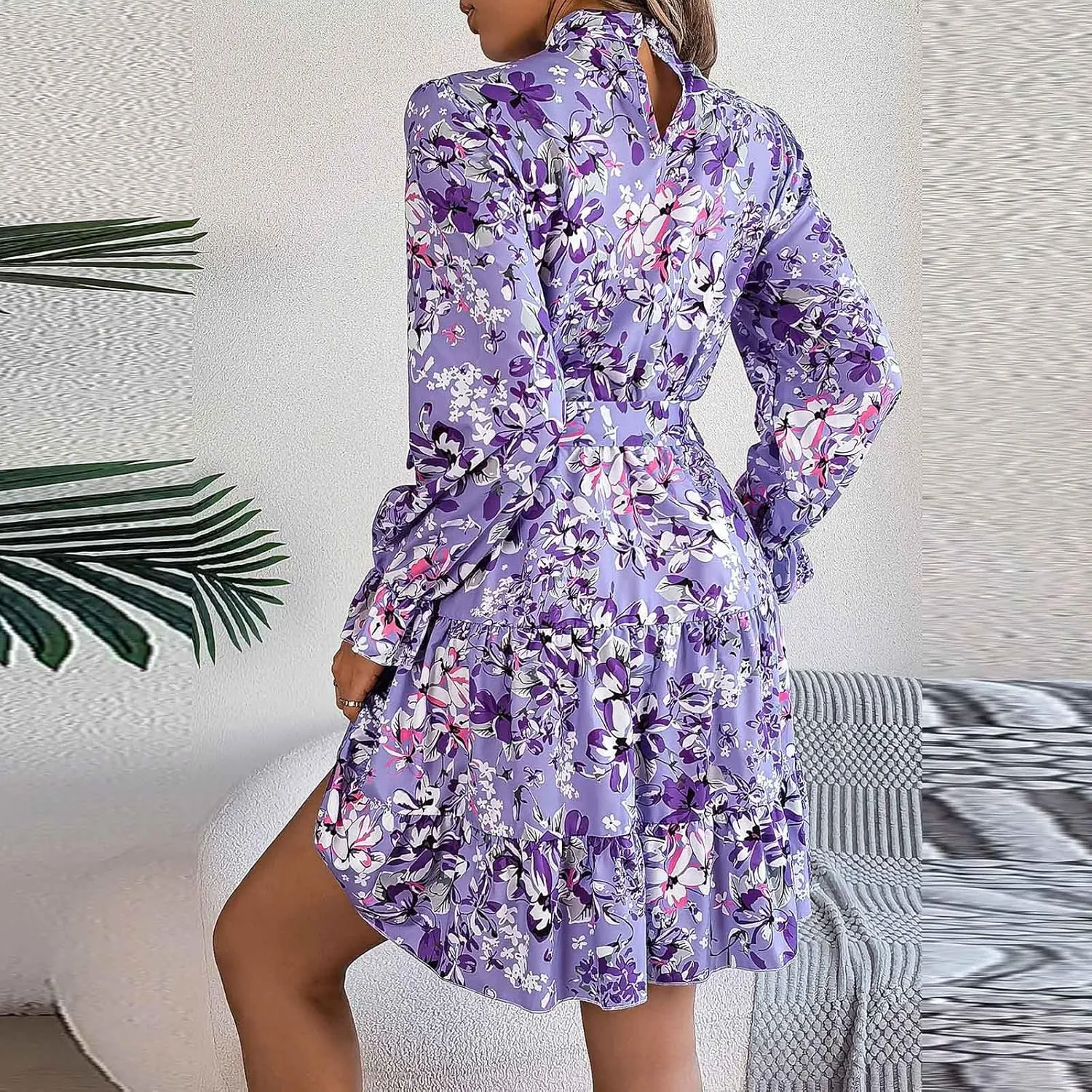 Women's Mini Dress Mock Neck Long Puff Sleeve Button Down Tie Waist Floral Print Pleated A Line Flowy Dresses Floral Dresses