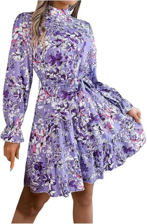 Women's Mini Dress Mock Neck Long Puff Sleeve Button Down Tie Waist Floral Print Pleated A Line Flowy Dresses Floral Dresses