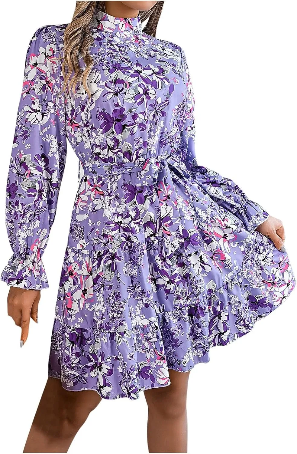 Women's Mini Dress Mock Neck Long Puff Sleeve Button Down Tie Waist Floral Print Pleated A Line Flowy Dresses Floral Dresses