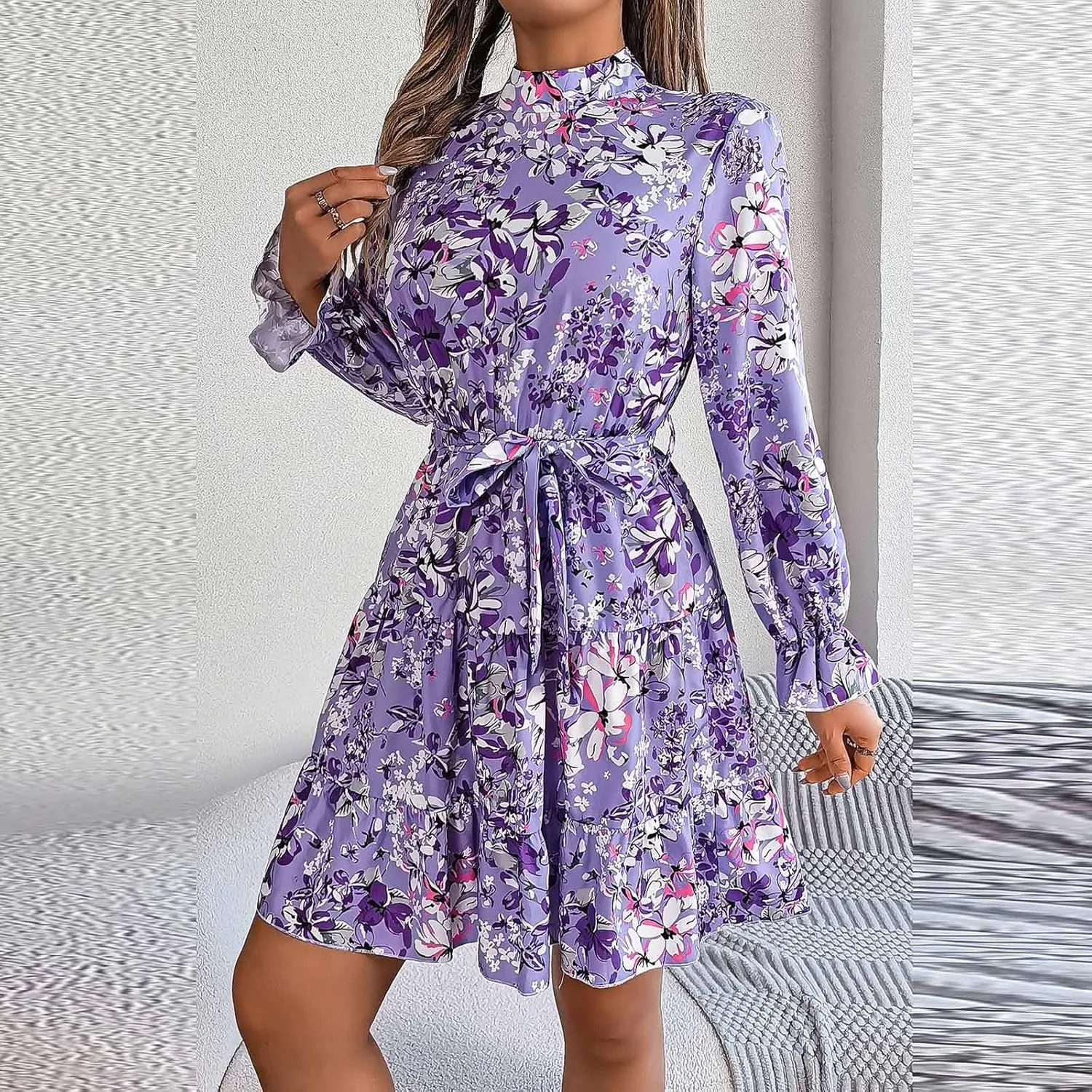 Women's Mini Dress Mock Neck Long Puff Sleeve Button Down Tie Waist Floral Print Pleated A Line Flowy Dresses Floral Dresses