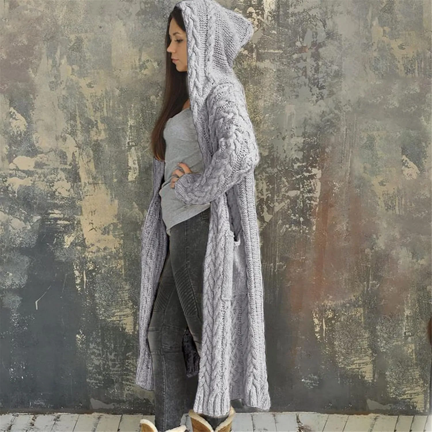 Womens Open Front Cable Knit Long Cardigan Long Sleeve Casual Hooded Outwear 2023 Fall Winter Sweater