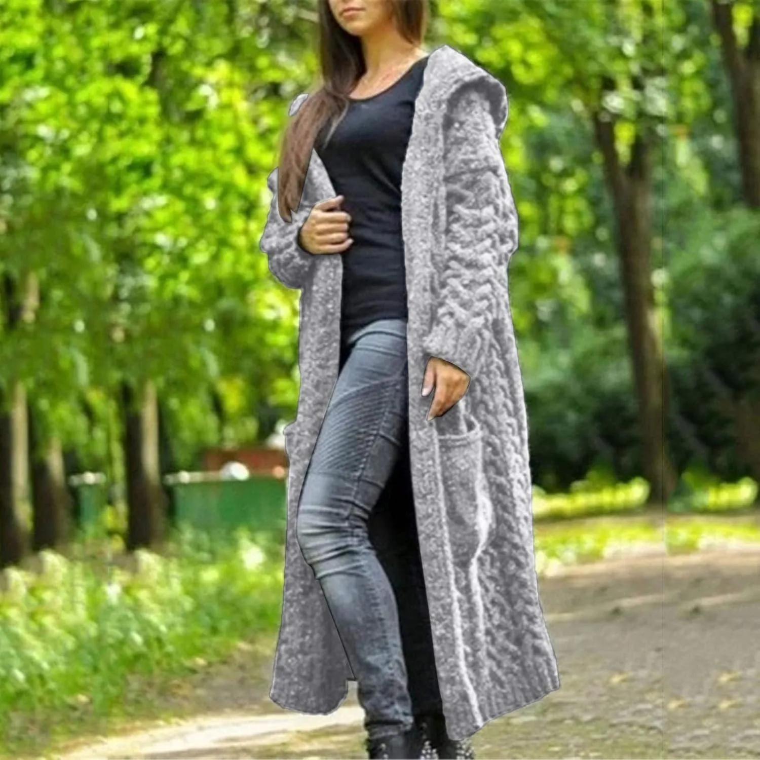 Womens Open Front Cable Knit Long Cardigan Long Sleeve Casual Hooded Outwear 2023 Fall Winter Sweater
