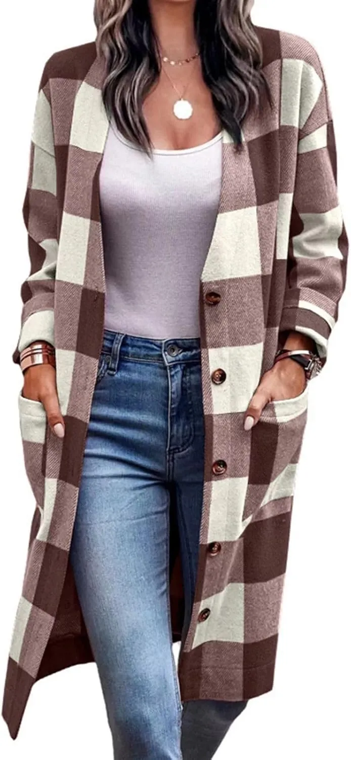 Womens Open Front Cardigan Coat Trendy Plaid Flannel Shacket Jacket Casual Loose Button Down Cardigans