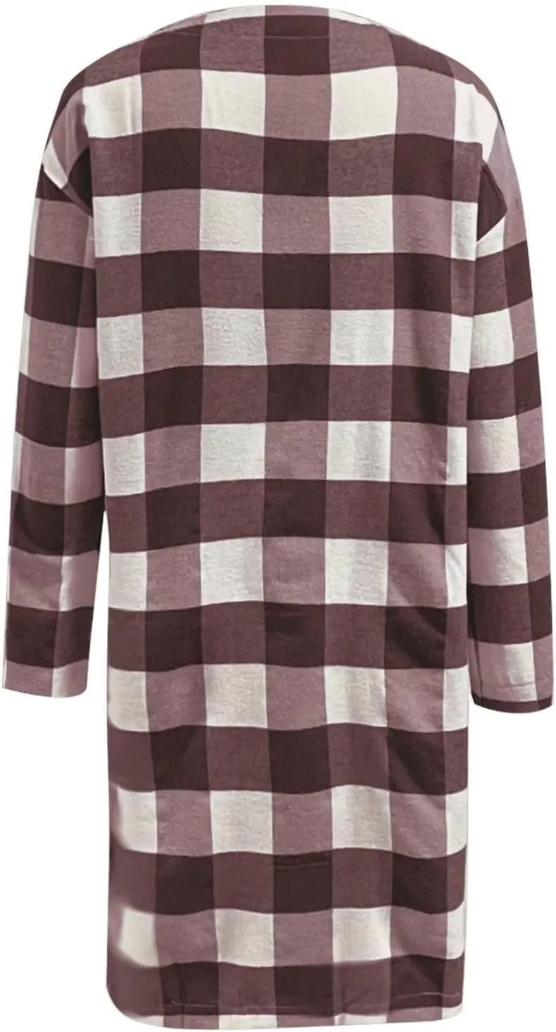 Womens Open Front Cardigan Coat Trendy Plaid Flannel Shacket Jacket Casual Loose Button Down Cardigans