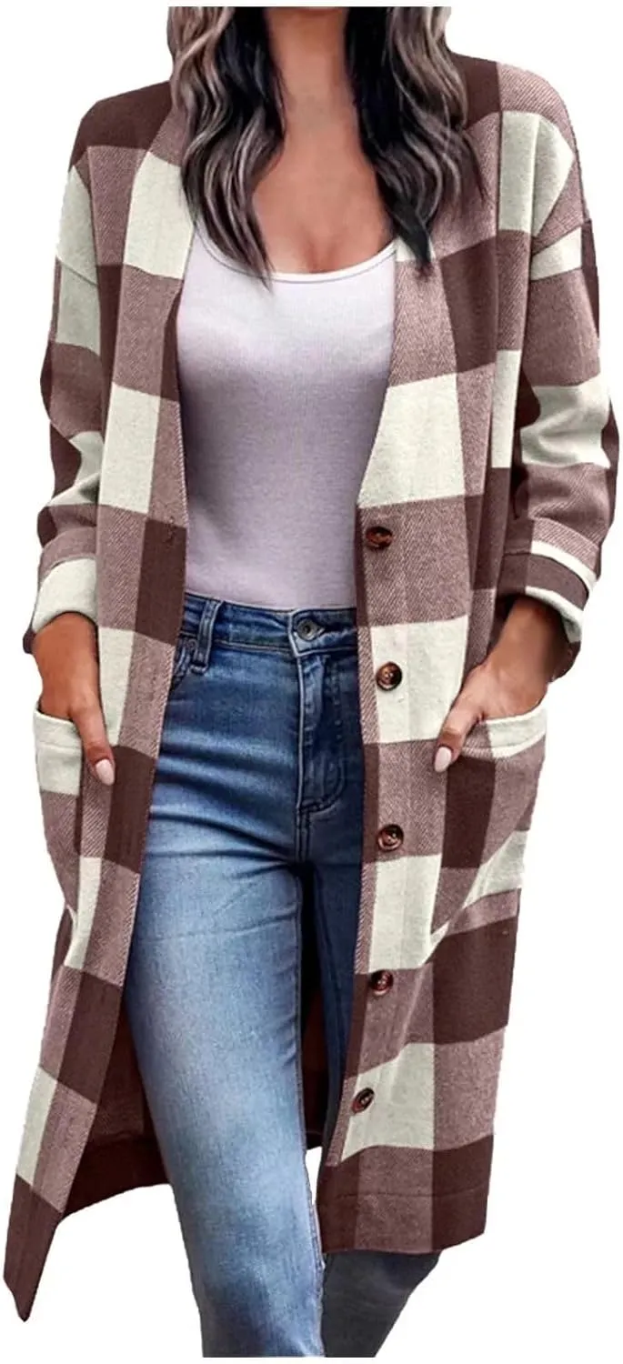Womens Open Front Cardigan Coat Trendy Plaid Flannel Shacket Jacket Casual Loose Button Down Cardigans