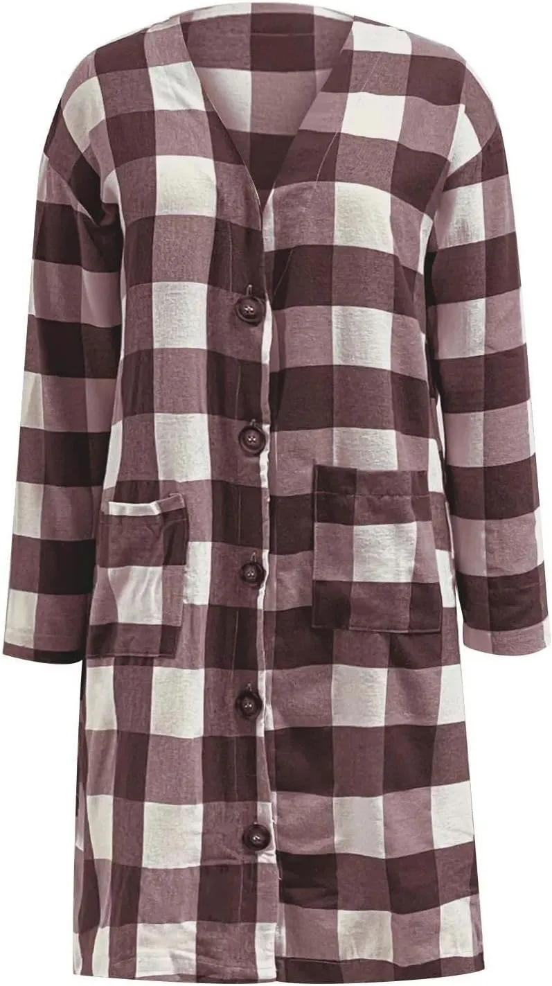 Womens Open Front Cardigan Coat Trendy Plaid Flannel Shacket Jacket Casual Loose Button Down Cardigans