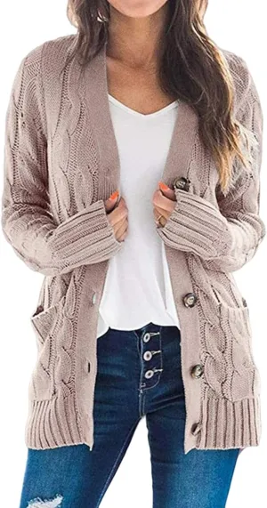 Womens Open Front Cardigan Sweater Cable Knit Chunky Outerwear Coats Button Down Cardigans