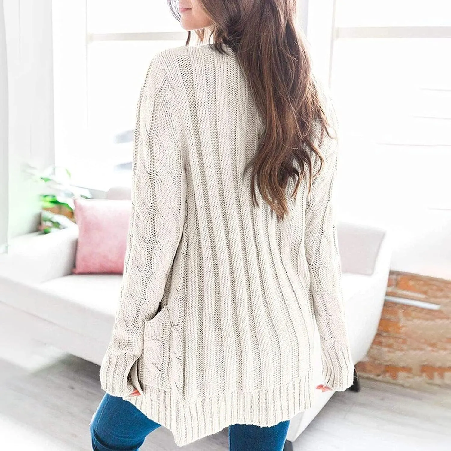 Women's Open Front Cardigan Sweaters Trendy Solid Button Cable Knit Chunky Winter Outerwear Coats with Pocket