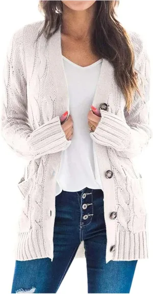 Women's Open Front Cardigan Sweaters Trendy Solid Button Cable Knit Chunky Winter Outerwear Coats with Pocket