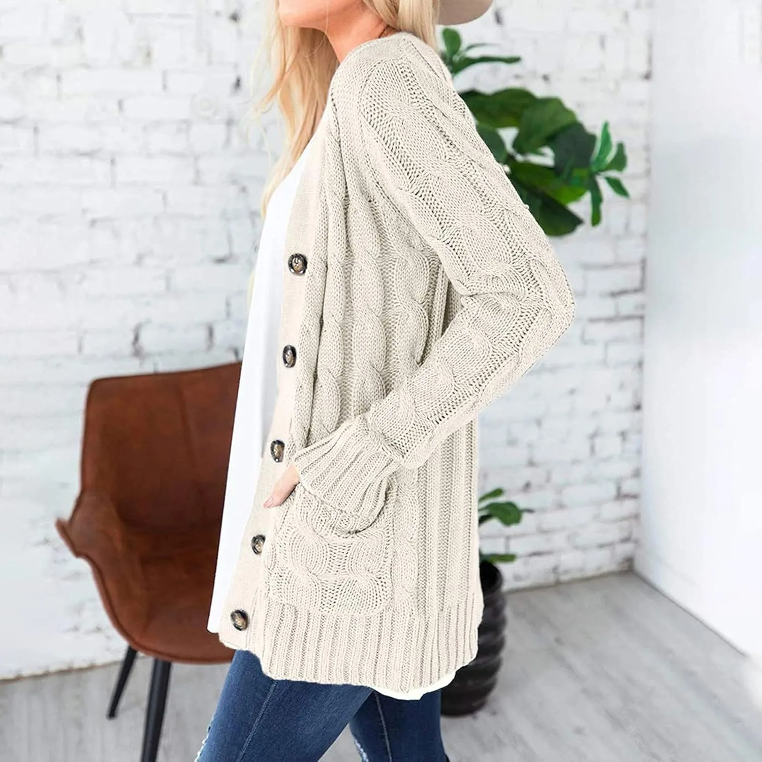 Women's Open Front Cardigan Sweaters Trendy Solid Button Cable Knit Chunky Winter Outerwear Coats with Pocket