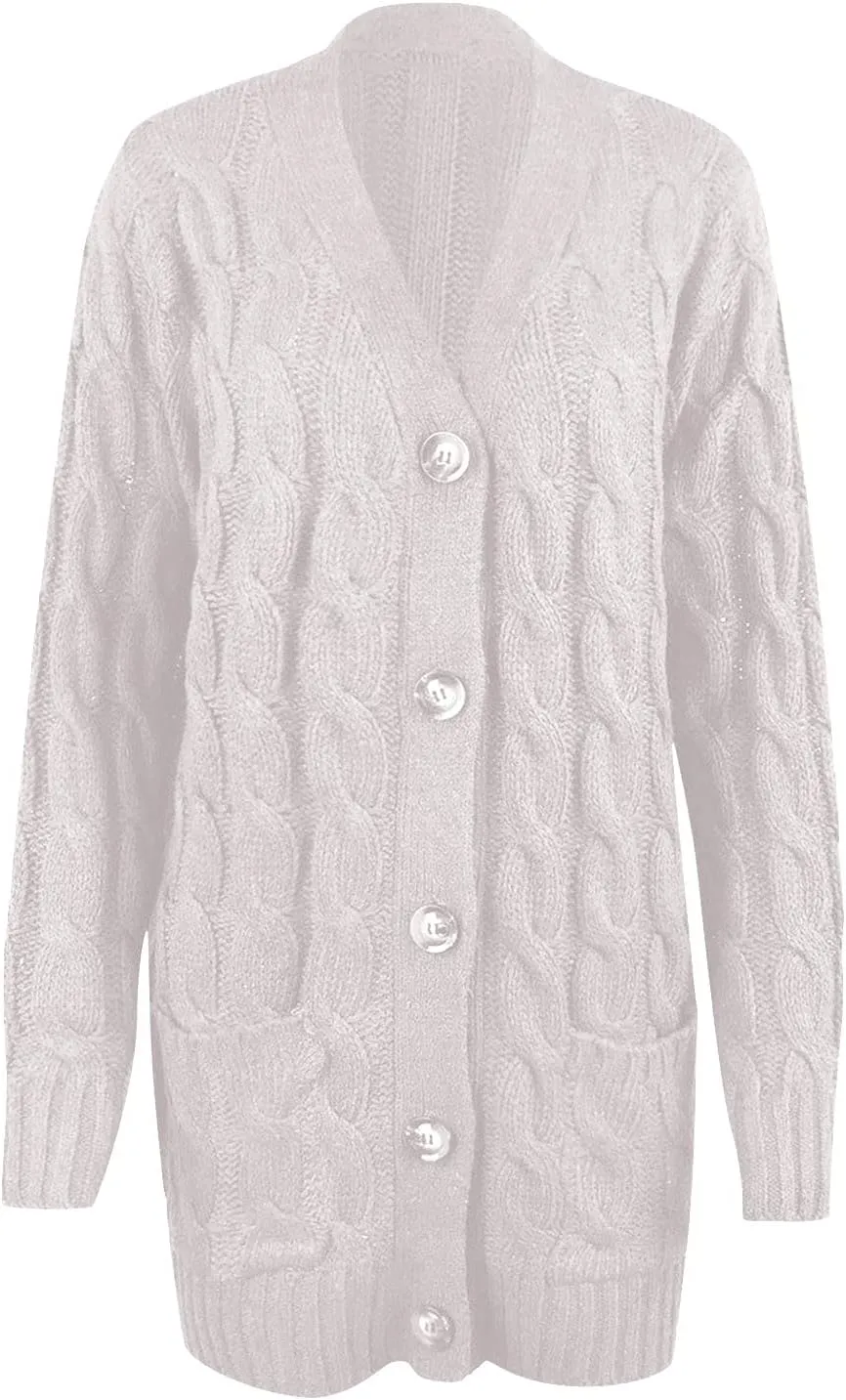 Women's Open Front Cardigan Sweaters Trendy Solid Button Cable Knit Chunky Winter Outerwear Coats with Pocket
