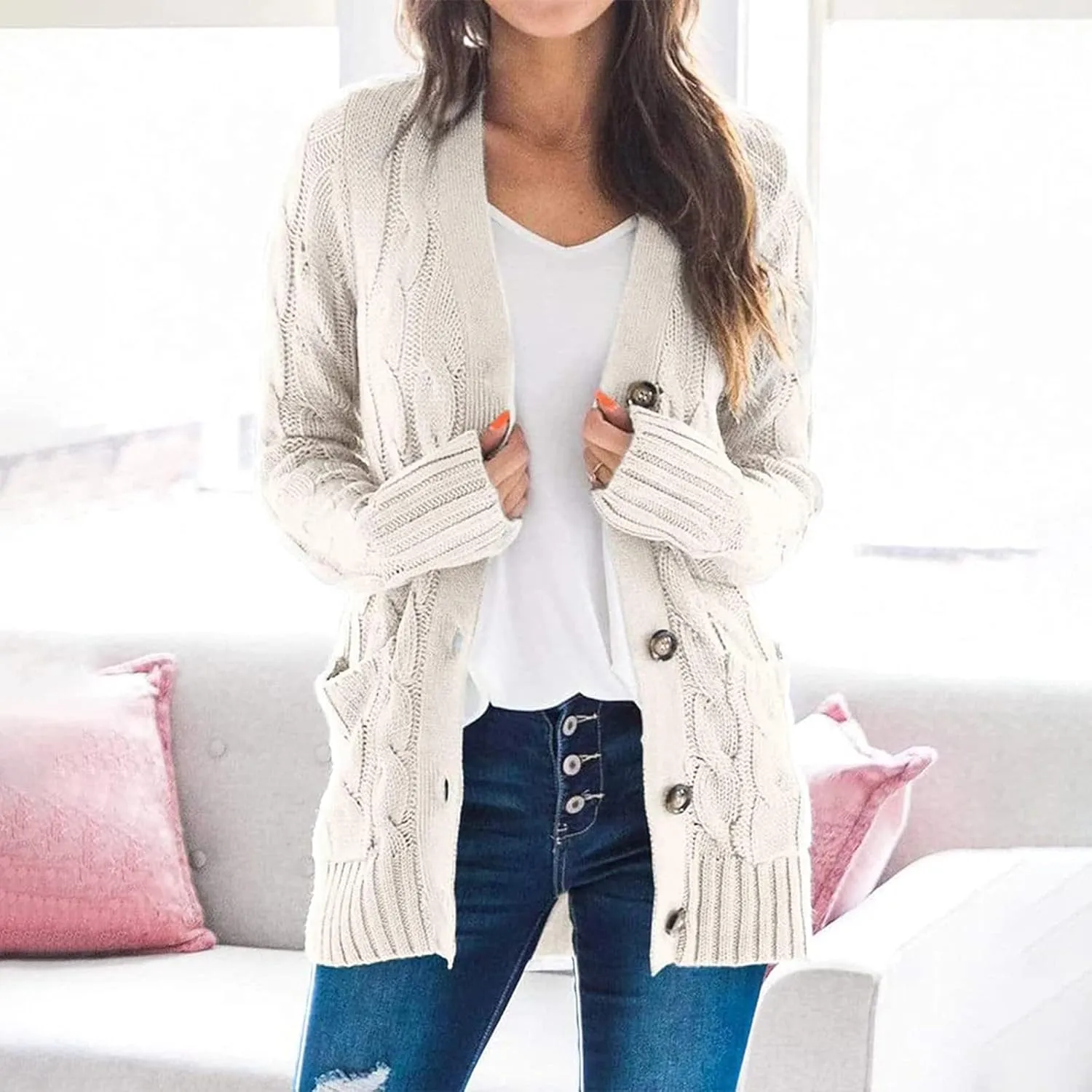 Women's Open Front Cardigan Sweaters Trendy Solid Button Cable Knit Chunky Winter Outerwear Coats with Pocket