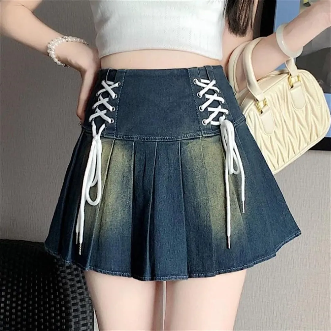 Women's Pleated Jeans Skirts Spring Summer Solid Up A-Line Denim Mini Skirts