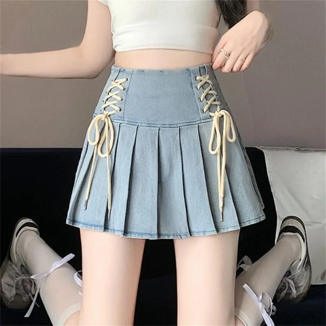 Women's Pleated Jeans Skirts Spring Summer Solid Up A-Line Denim Mini Skirts