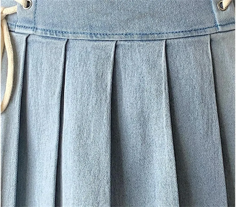 Women's Pleated Jeans Skirts Spring Summer Solid Up A-Line Denim Mini Skirts