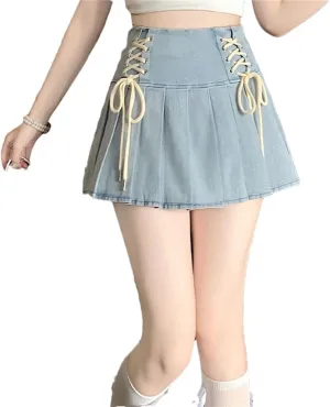 Women's Pleated Jeans Skirts Spring Summer Solid Up A-Line Denim Mini Skirts