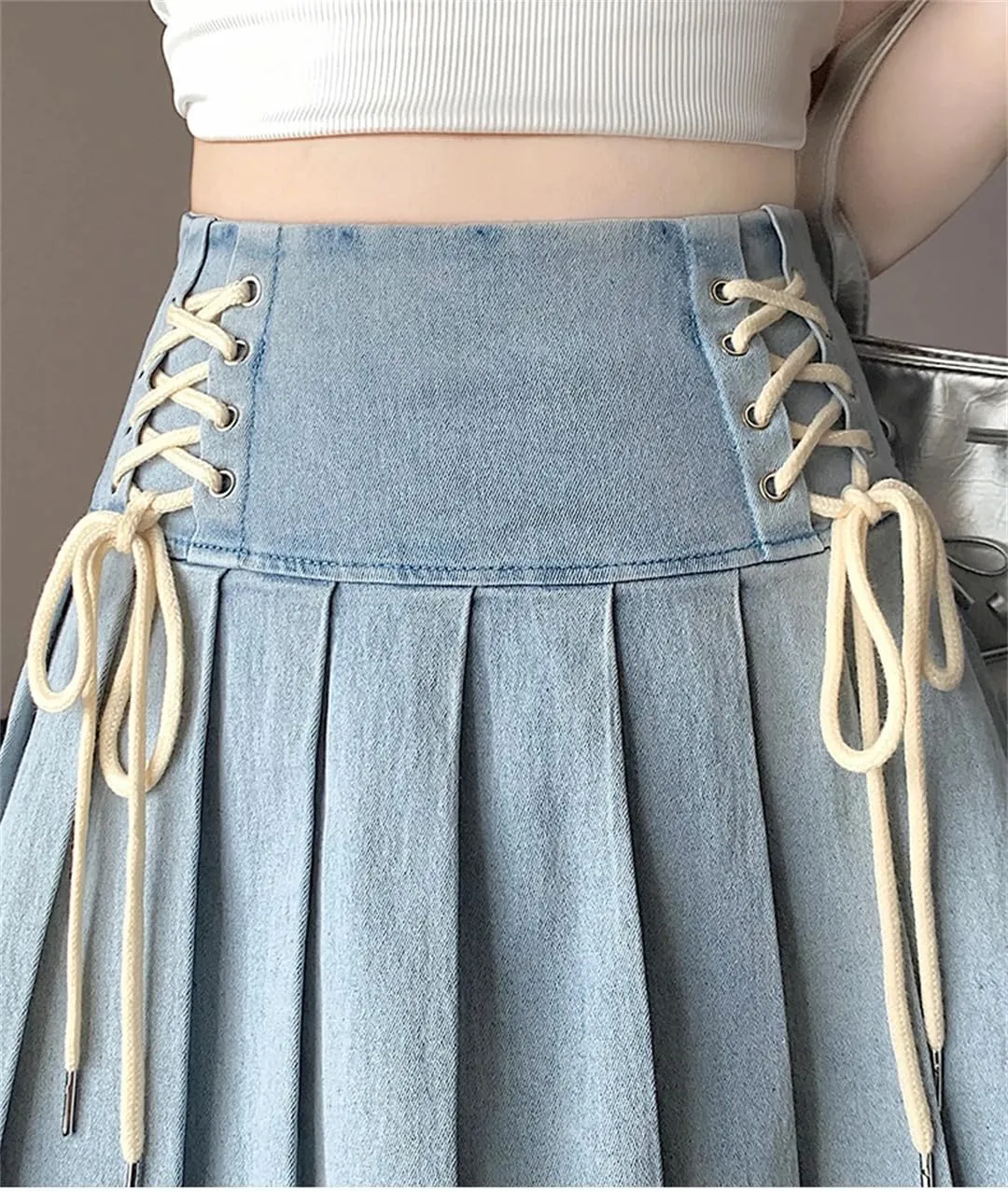 Women's Pleated Jeans Skirts Spring Summer Solid Up A-Line Denim Mini Skirts