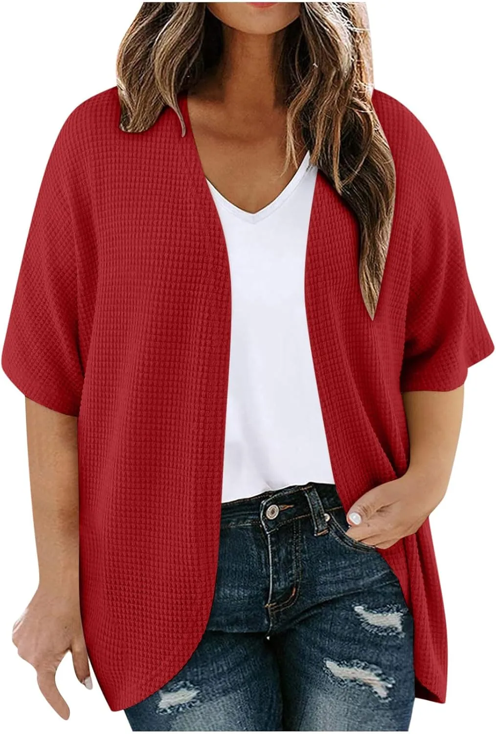 Women's Plus Size Waffle Cardigan Summer Fashion Lightweight Short Sleeve Open Front Cardigans Beach Cover Up