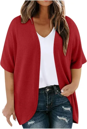 Women's Plus Size Waffle Cardigan Summer Fashion Lightweight Short Sleeve Open Front Cardigans Beach Cover Up