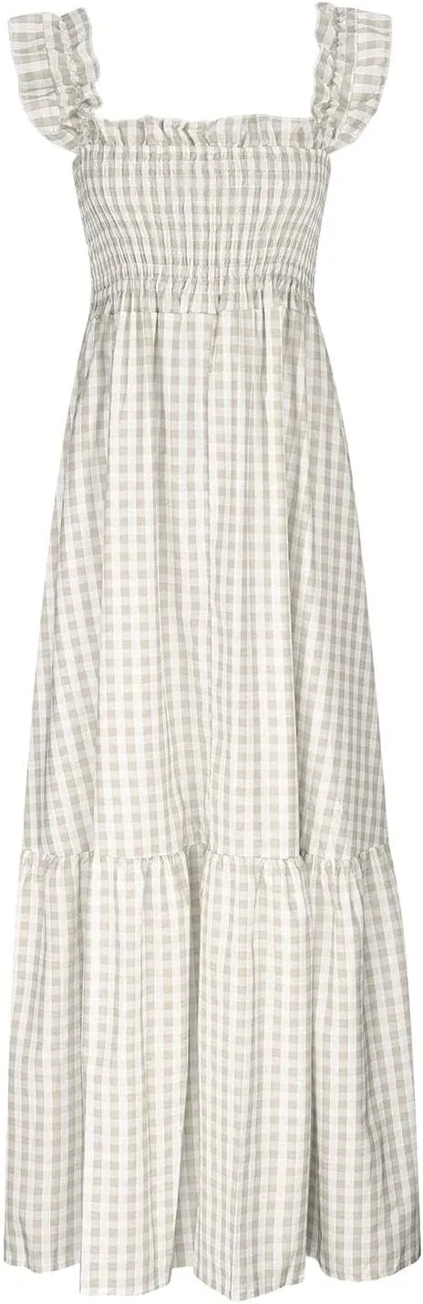 Womens Retro Plaid Smocked Dress Casual Summer Spaghetti Strap Square Neck Midi Dress Flowy A Line Long Dresses