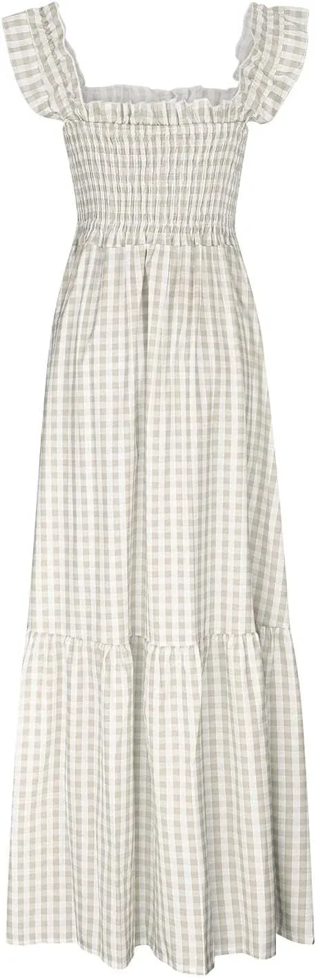 Womens Retro Plaid Smocked Dress Casual Summer Spaghetti Strap Square Neck Midi Dress Flowy A Line Long Dresses