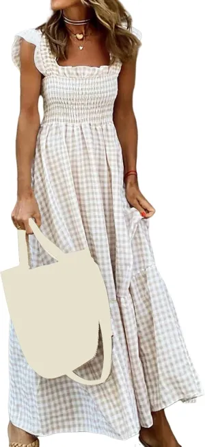 Womens Retro Plaid Smocked Dress Casual Summer Spaghetti Strap Square Neck Midi Dress Flowy A Line Long Dresses