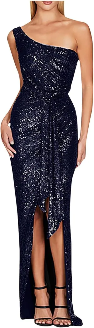 Womens Sequin Gowns Sexy One Shoulder Split Elegant Ruched Bodycon Maxi Formal Dress Glitter Sparkle Evening Dresses