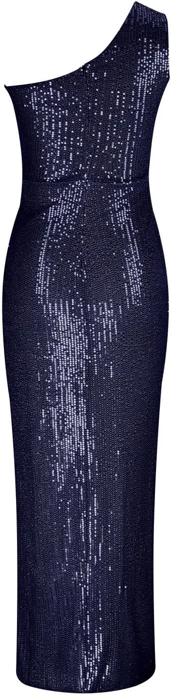 Womens Sequin Gowns Sexy One Shoulder Split Elegant Ruched Bodycon Maxi Formal Dress Glitter Sparkle Evening Dresses