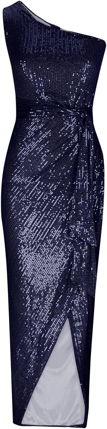 Womens Sequin Gowns Sexy One Shoulder Split Elegant Ruched Bodycon Maxi Formal Dress Glitter Sparkle Evening Dresses