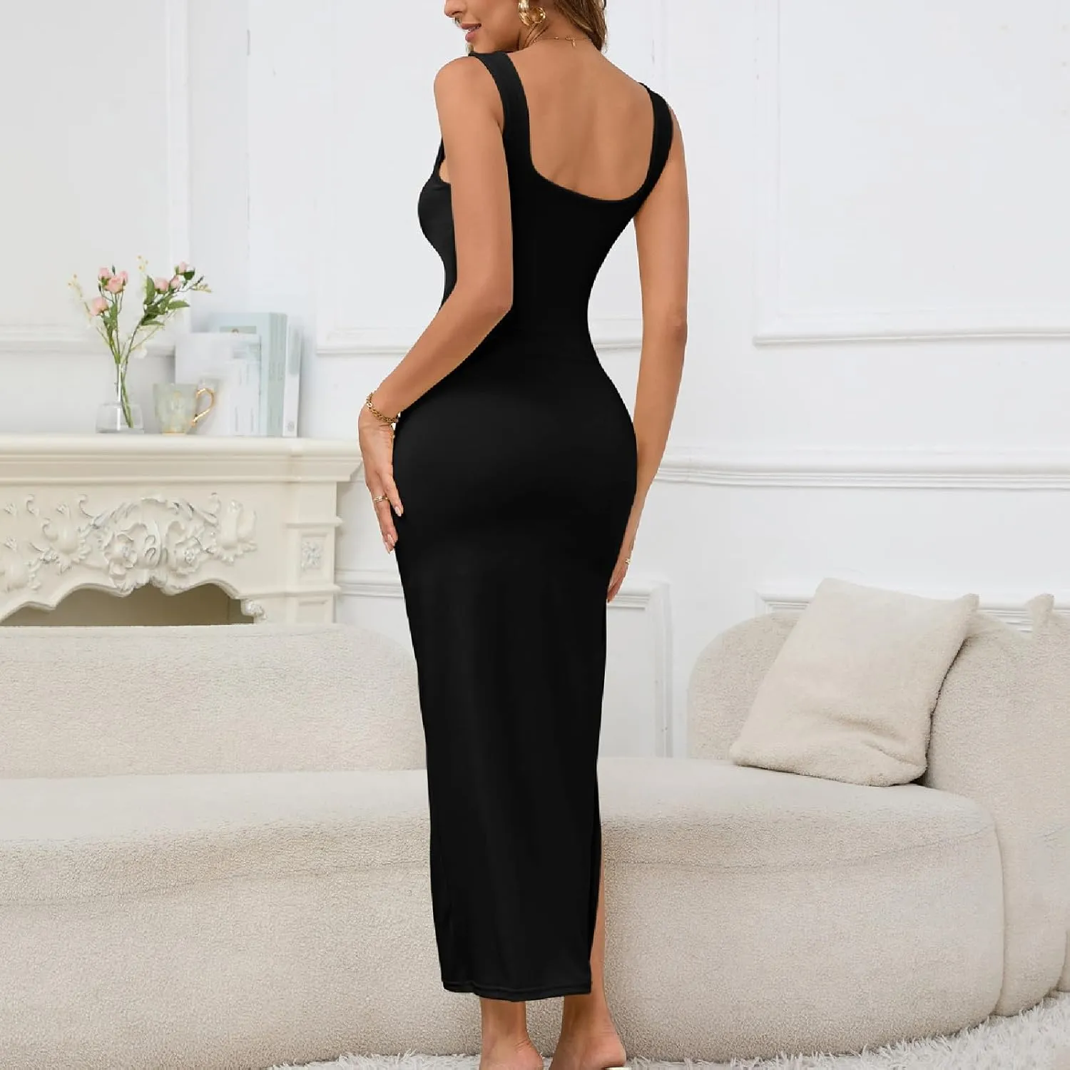 Womens Sexy Sleeveless Cutout Front Maxi Long Dress Square Neck Side Twist Knot High Slit Bodycon Cocktail Party Dresses