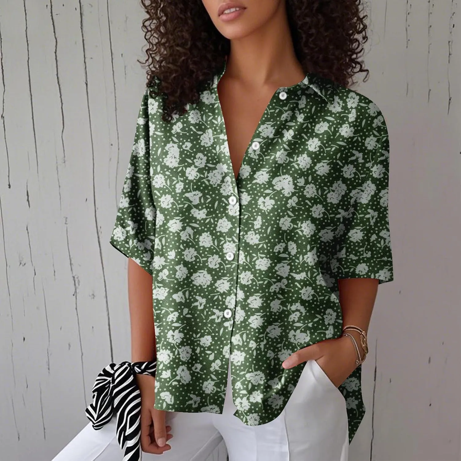 Womens Shirts Short Sleeve Trendy Button Down Blouse Summer Casual Linen Cute Shirts Floral Print V Neck Tops Collared