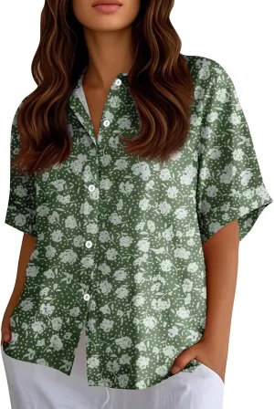 Womens Shirts Short Sleeve Trendy Button Down Blouse Summer Casual Linen Cute Shirts Floral Print V Neck Tops Collared