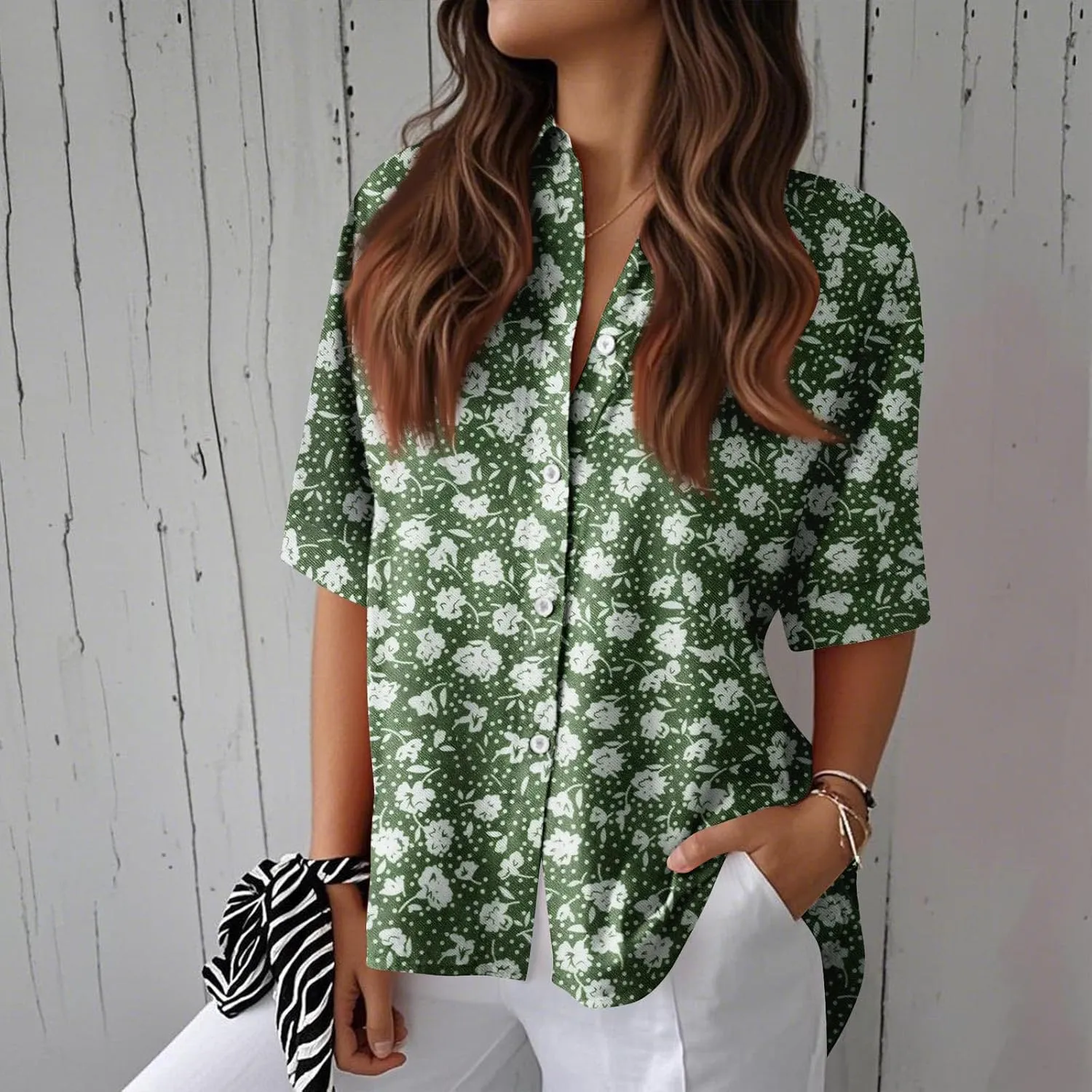 Womens Shirts Short Sleeve Trendy Button Down Blouse Summer Casual Linen Cute Shirts Floral Print V Neck Tops Collared